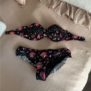 Victoria’s Secret black and pink frilled and floral bikini swim set